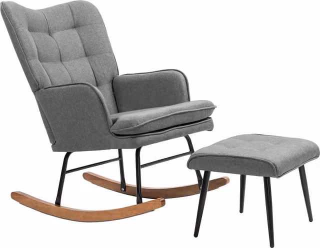 Poltrona a Dondolo HOMCOM con Poggiapiedi, Effetto Lino, Grigio, L/P/H: 64 x 89 x 90 cm