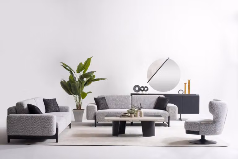 Grau Holz- und Metallsofa-Set mit Couchtisch für modernes Wohnzimmer