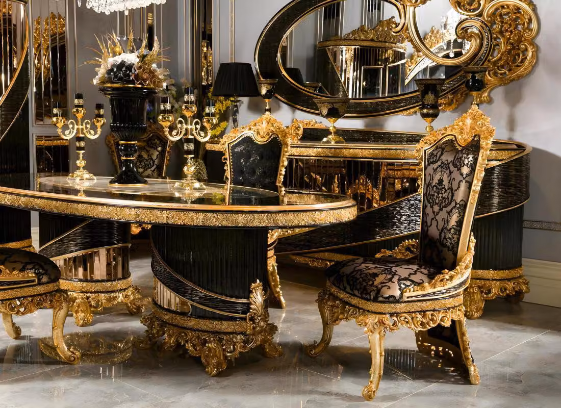 Elegantes schwarzes Esstisch- und Stuhlset aus Holz und Glas