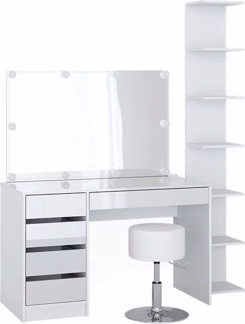 Tavolino da toilette Sherry Bianco con specchio, catena luminosa LED, sgabello e mensola a parete Vicco