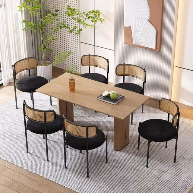Set di 6 sedie da pranzo WISHDOR in velluto nero con schienale in rattan e gambe in metallo, design moderno