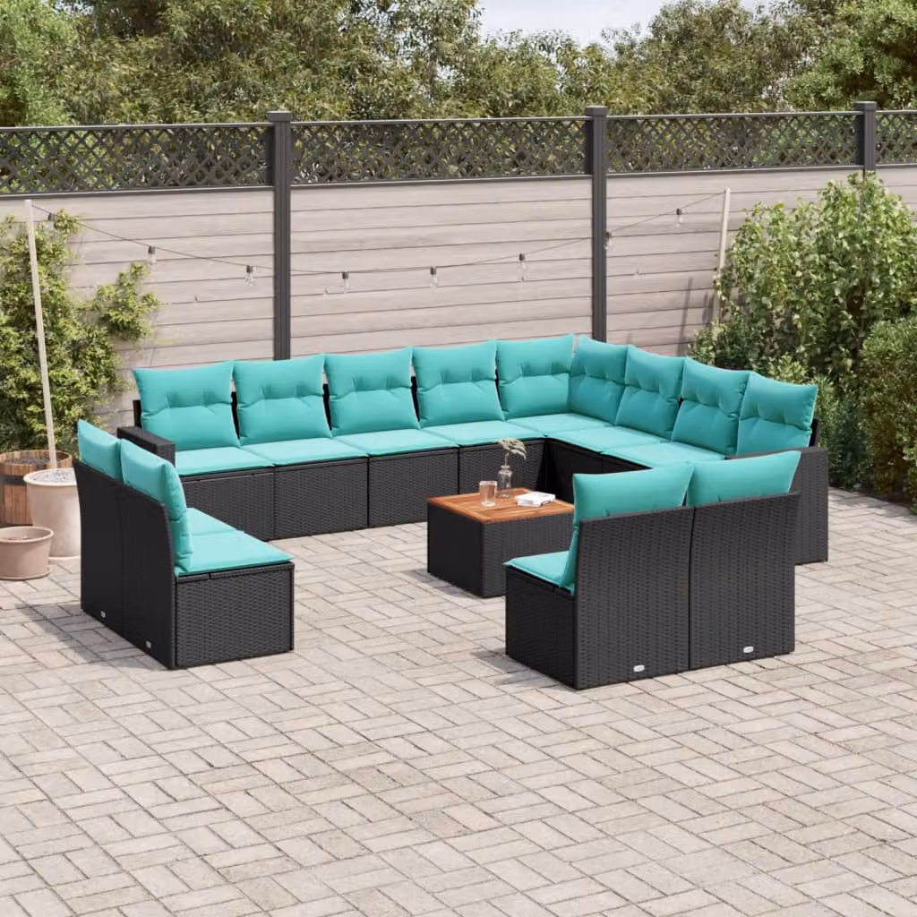 Set di divani da giardino vidaXL in polyrattan nero con cuscini e struttura in legno di acacia oliato per 13 persone