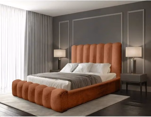 Letto contenitore BADJA Meublorama in tessuto bouclé arancione con rete sollevabile L/P/H: 240 x 160 x 128 cm – 1