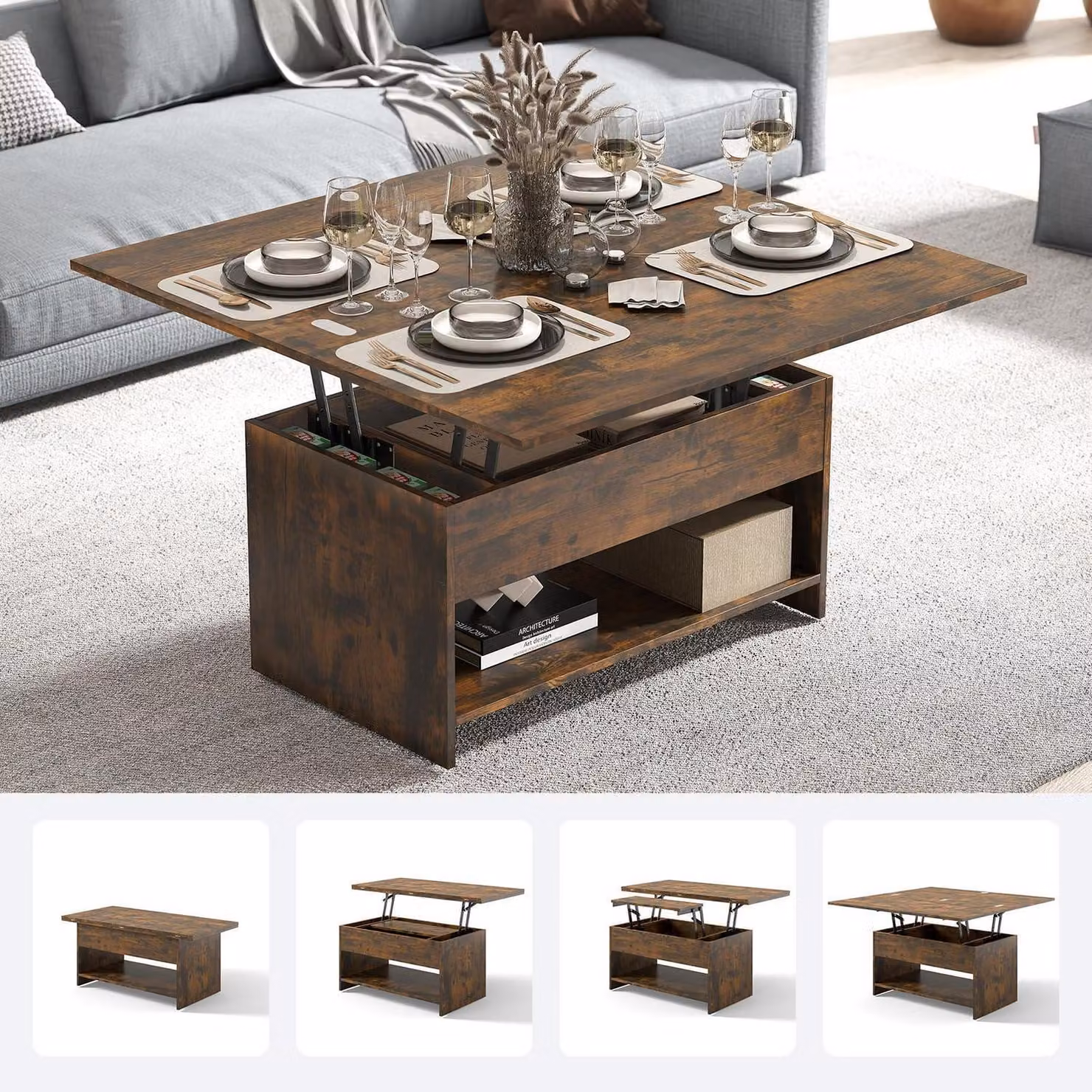 Tavolino da divano, regolabile in altezza, estendibile, con spazio contenitore, in legno, metallo e colore marrone