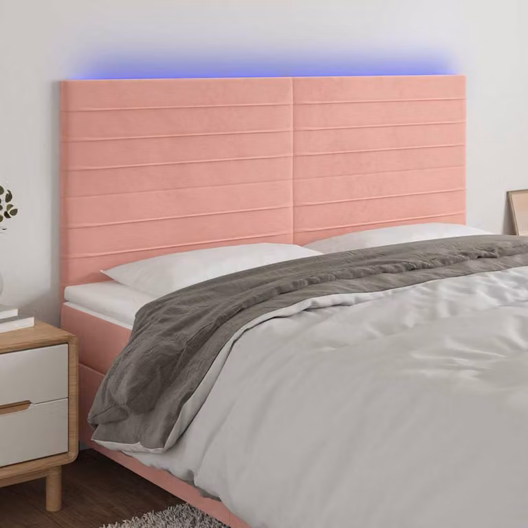 Testiera con LED e porta USB vidaXL in velluto rosa, L: 180 cm, P: 5 cm, H: 118-128 cm