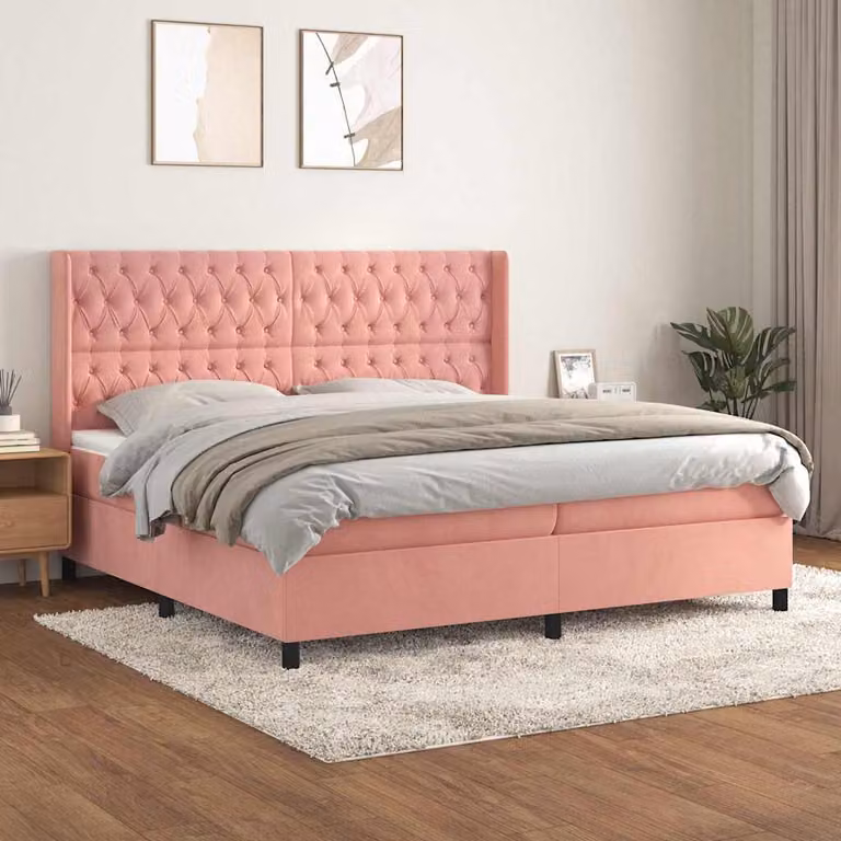 vidaXL Giroletto a Molle con Materasso in Velluto Rosa e Bianco, L/P: 200 x 200 cm
