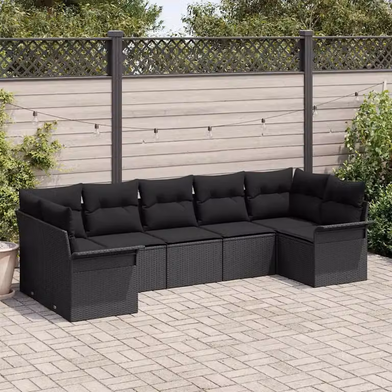 Set Divano da Giardino vidaXL 7 pz in Polyrattan Nero con Cuscini e Struttura in Metallo