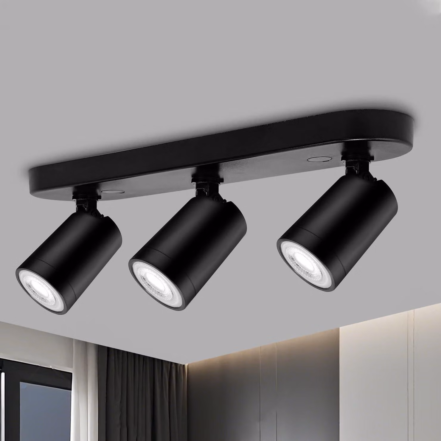 Plafoniera a 3 luci, colore nero, orientabile a 360 gradi, attacco GU10