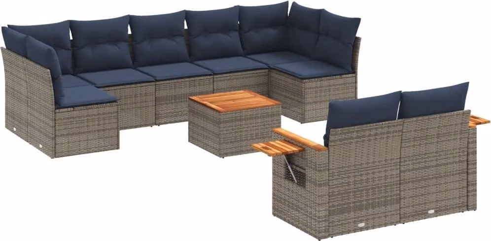 Set Divani da Giardino 10 pz con Cuscini Grigio in Polyrattan