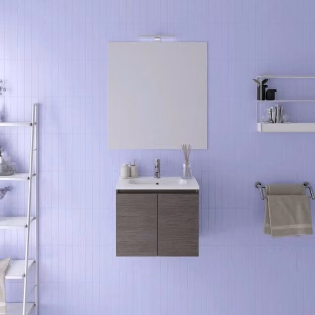 Mobile da bagno sospeso Rata in rovere scuro con lavabo e specchio con illuminazione LED, Larghezza: 60 cm