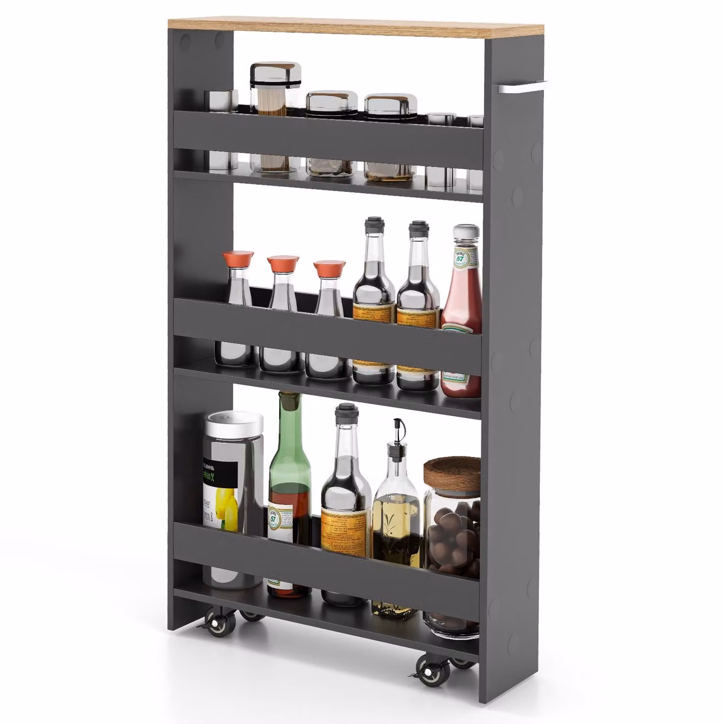 COSTWAY Carrello da nicchia largo 13 cm, carrello da cucina stretto a 4 ripiani, scaffale da nicchia su ruote, carrello da portata, scaffale da bagno in legno, 47,5x13x80,5 cm, grigio+naturale