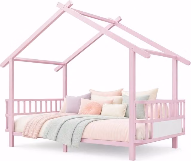 Letto per bambini a casetta 90x200 cm in metallo rosa con sponde laterali
