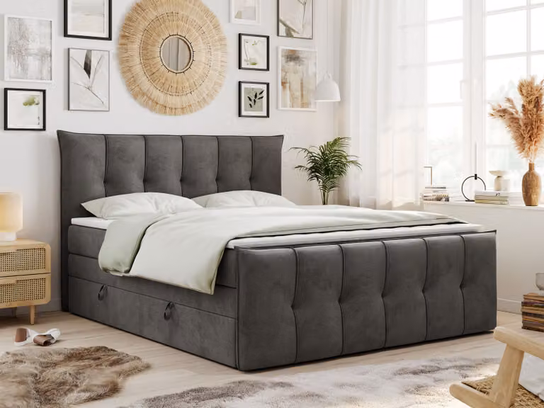 Letto boxspring King 180x200, letto boxspring 180x200 con contenitore e materasso H4, letto imbottito 180x200 con materasso, letto 180x200 con contenitore, PREMIUM-11-KING - 180x200 - Grigio scuro - Velvet - H4