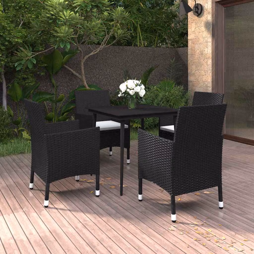 Set da pranzo per giardino vidaXL in polyrattan con tavolo in vetro e 5 sedie con cuscini, bianco e nero