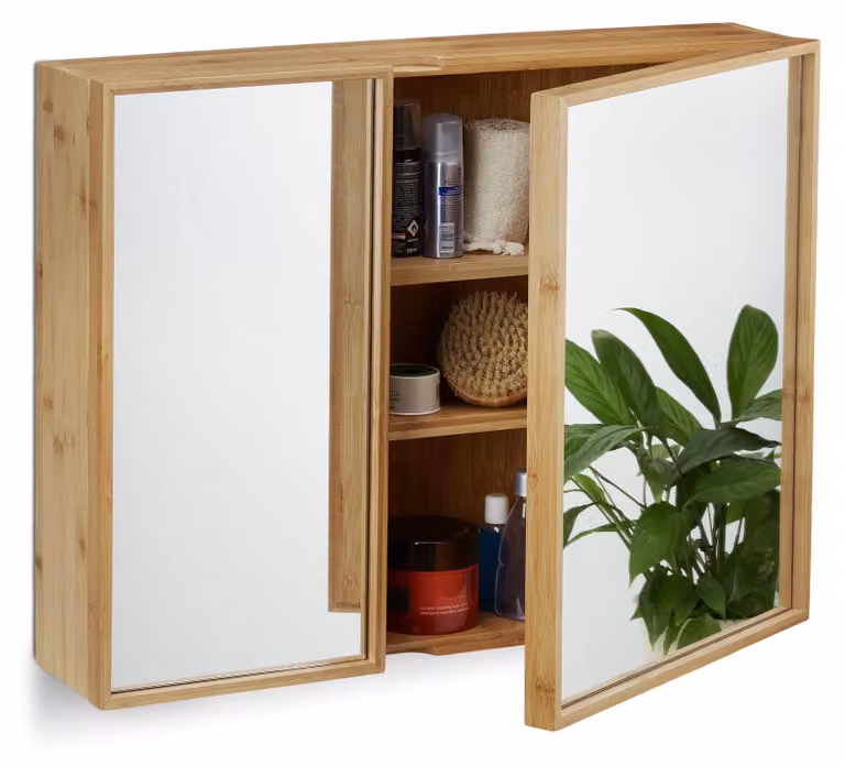Specchio a muro in bambù, con 2 ante, dimensioni 50x65x14 cm, colore naturale