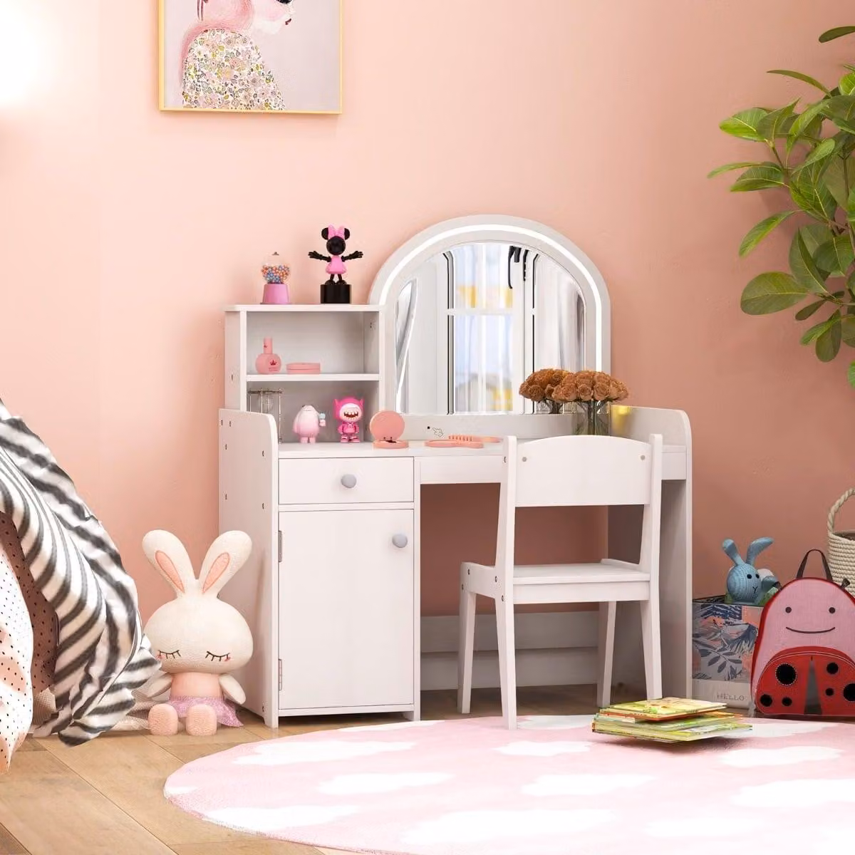 Set da toeletta per bambini con specchio a LED, sgabello e contenitore