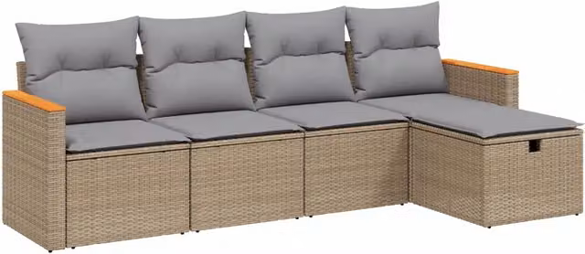 Set Divano da Giardino 5 pz | Set Salotto da Giardino con Cuscini Beige Misto Polyrattan
