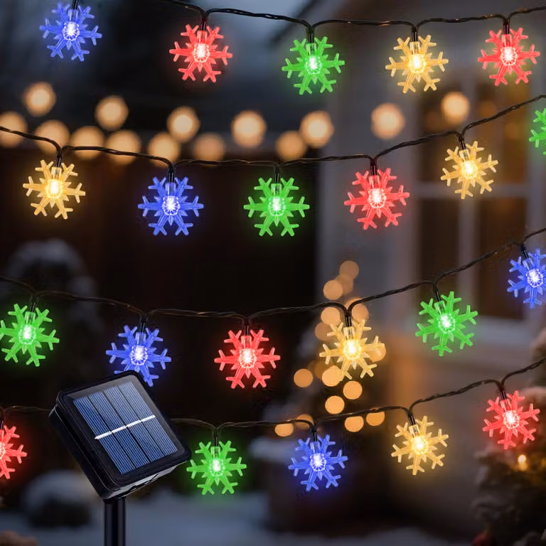 Catena luminosa solare da 12 metri, con 100 LED a forma di fiocchi di neve, 8 modalità, timer e grado di protezione IP65