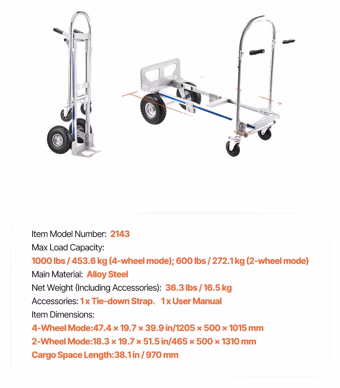 Carrello a quattro ruote, con maniglia antiscivolo, capacità di carico: 450 kg (1000 lbs)
