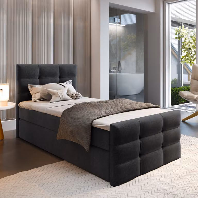Letto a molle Masseno AMON 100 100x200 cm completo di materasso e topper Bonell, letto imbottito con cassettiera - nero, COSMIC 100