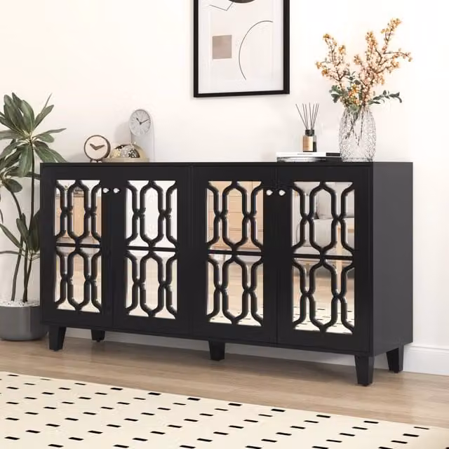 Credenza e madia con 4 ante e 2 ripiani regolabili superficie a specchio per soggiorno in MDF nero 160 × 40 × 84 cm