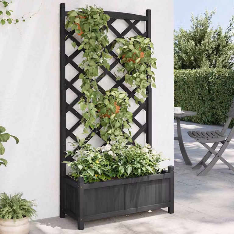 vidaXL Fioriera con Traliccio per Piante Rampicanti in Legno di Abete, Colore Nero, L: 75 cm, P: 35 cm, H: 150 cm