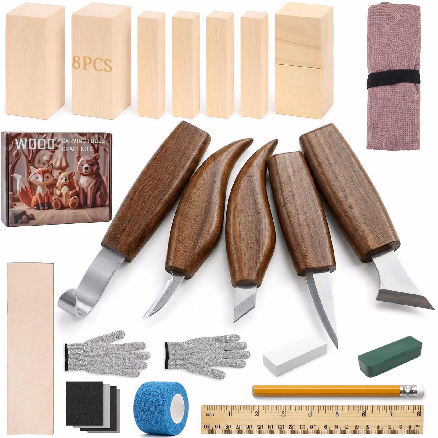Set di 26 utensili per la lavorazione del legno, include coltelli per intaglio, blocchi di legno di tiglio, ideali per lavori di falegnameria
