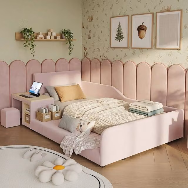 Letto imbottito per bambini 90x200 cm con scrivania; sgabello e ripiano; velluto rosa