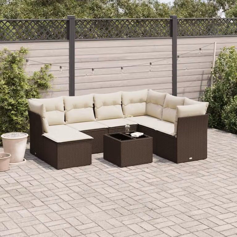 Set di Divani da Giardino vidaXL 8 Pezzi in Polyrattan Marrone con Cuscini Bianchi e Tavolino da Esterno