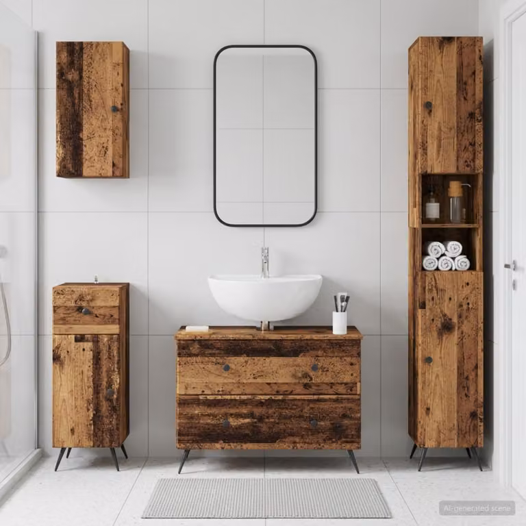 Set di mobili da bagno vidaXL BREDA 4 pezzi in legno color marrone antico con mobile lavabo e pensili a parete