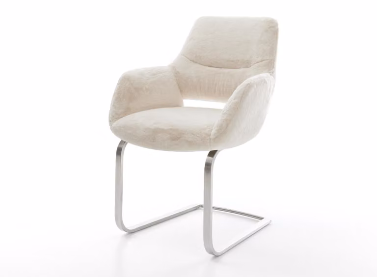DELIFE Sedia a sbalzo Yago-Flex con braccioli, rivestimento in peluche bianco crema, struttura a sbalzo piatta in acciaio inossidabile, molle insacchettate