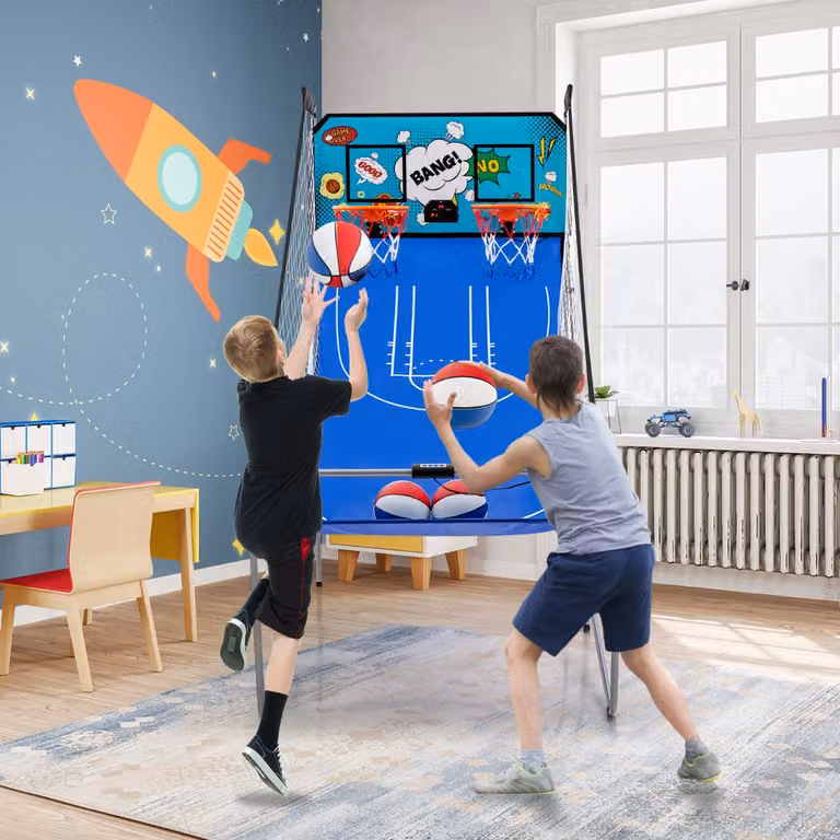 Costway Gioco Arcade da Basket a Doppio Tiro Pieghevole con 8 Modalità di Gioco e Suono Arcade, Azzurro