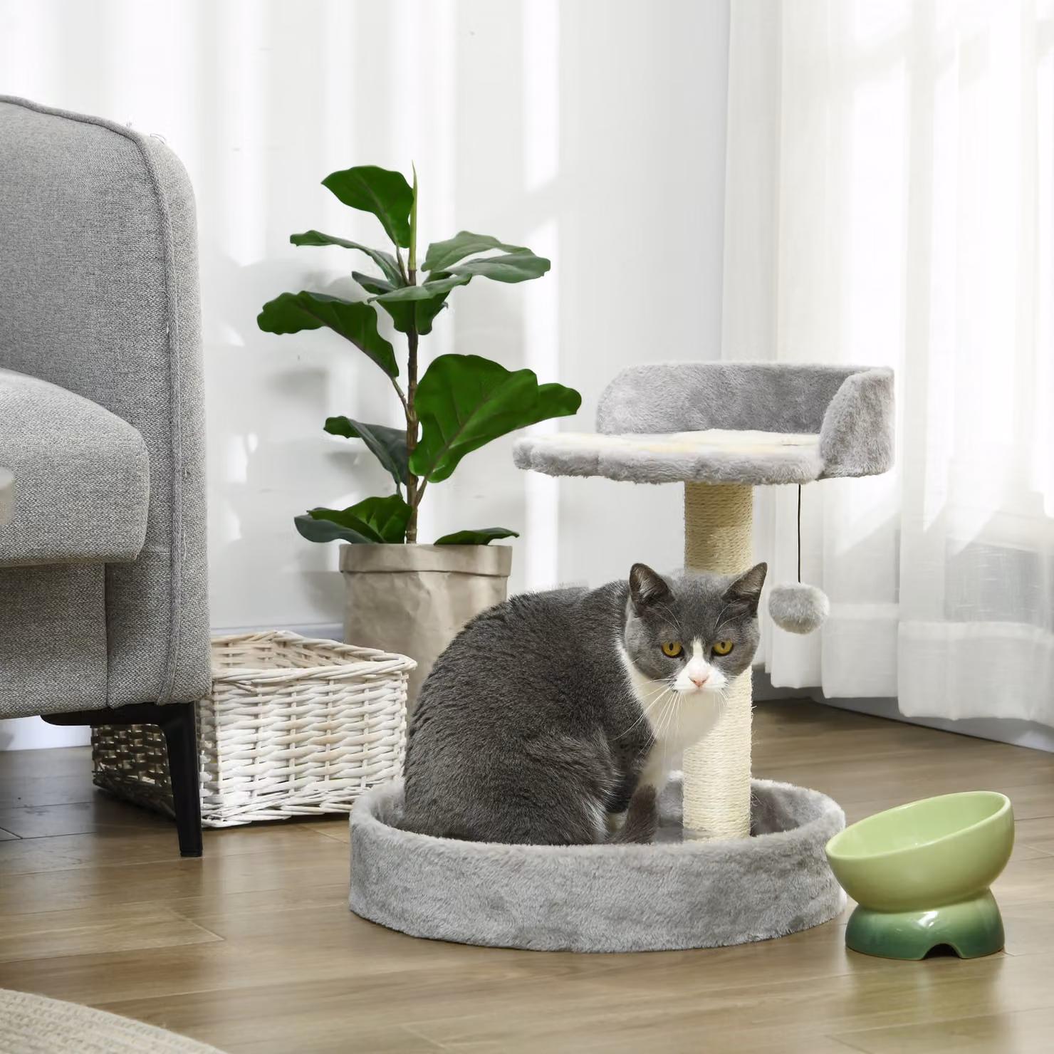 Tiragraffi per gatti PawHut con lettini, corda in juta e peluche, Grigio Chiaro, L/P/H: 41 x 41 x 44 cm – 2