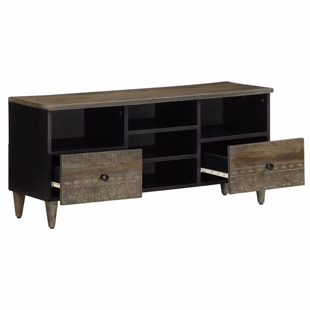 Mobile porta TV nero in legno di mango con design intagliato e stile mid-century L/P/H: 100 x 33 x 46 cm – 2