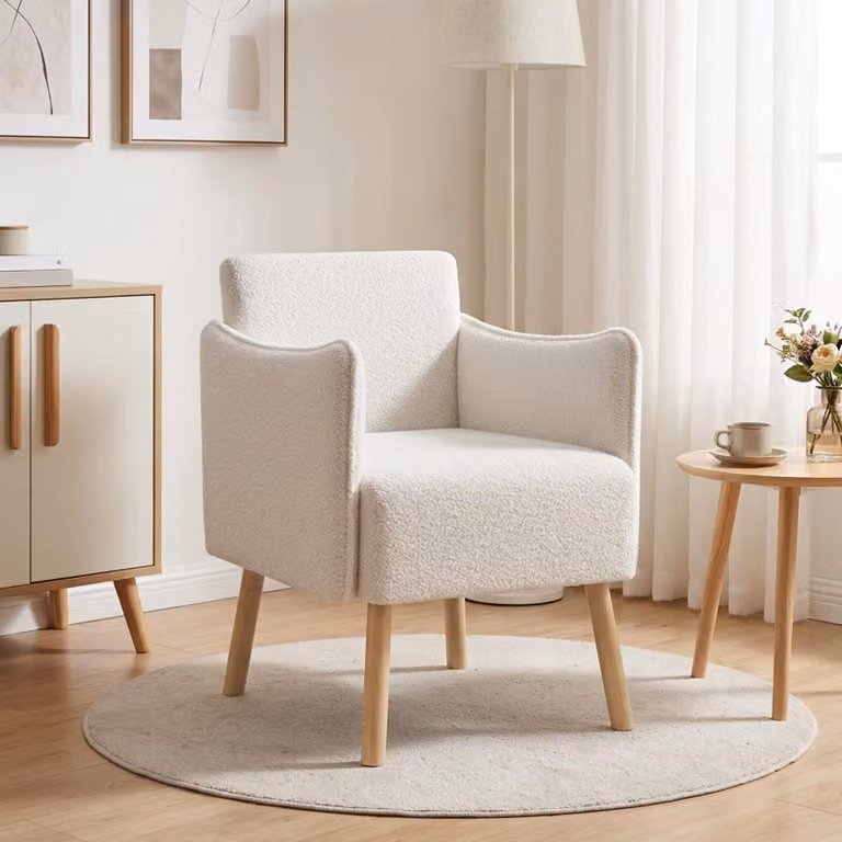 Sedia d'accento moderna vidaXL in tessuto bouclé beige con braccioli e struttura in legno