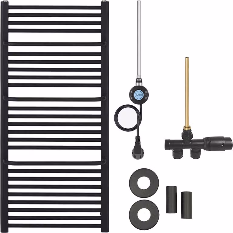 Set radiatore per bagno Antonio - riscaldamento combinato, antenna Wi-Fi - collegamento laterale a un punto - 600W - nero opaco - 1460x550 mm