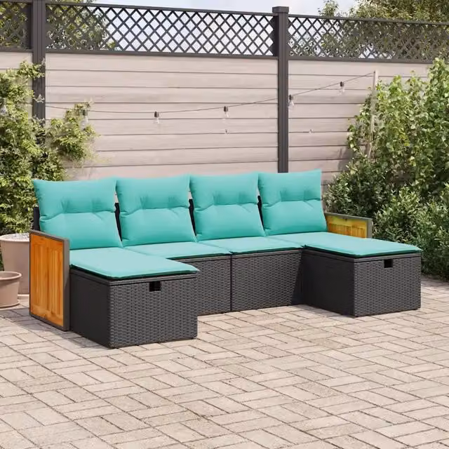 Set Divano da Giardino a L vidaXL in Polyrattan Nero con Cuscini e Ottoman per 6 Persone