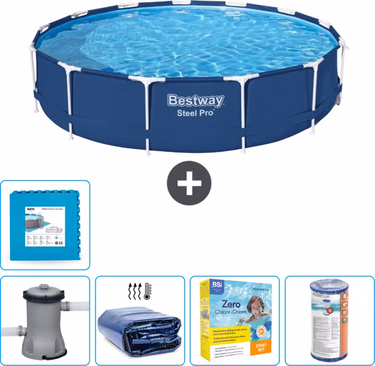 Piscina Bestway Round Steel Pro - 396 x 84 cm - blu - pompa inclusa - tenda da sole - pacchetto manutenzione - filtro - pavimento in piastrelle