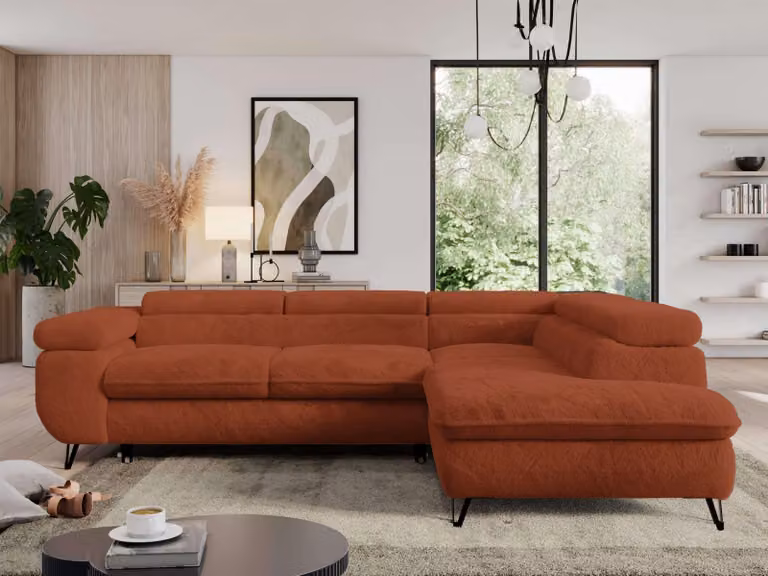 Divano con funzione letto, divano angolare a L, divano da salotto, con poggiatesta regolabili - PEDRO L - Plush - Arancione - Destra