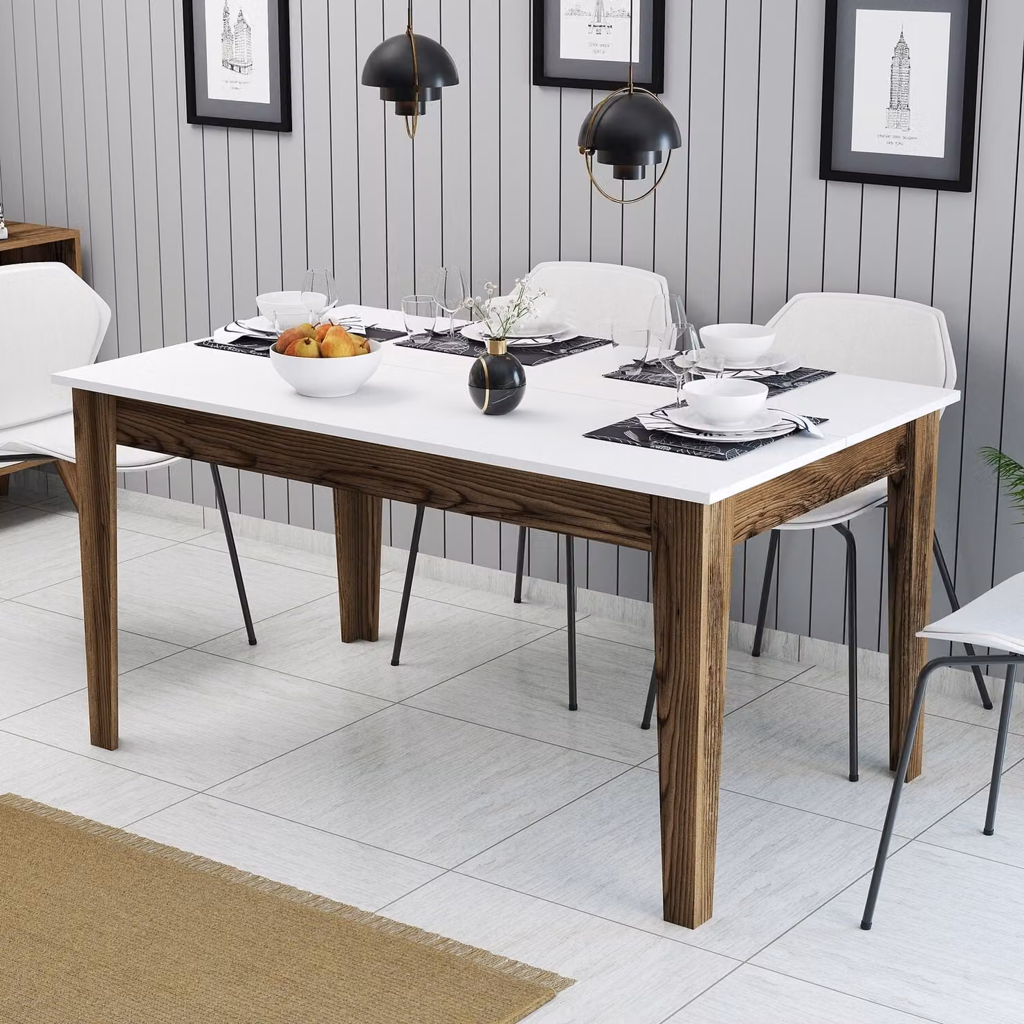 Skye Decor, Milan 514 - Noce, Bianco, Tavolo da pranzo, Noce, 100% PANNELLI DI PARTICELLE RIVESTITI IN MELAMINA, 145 x 88 x 75 cm