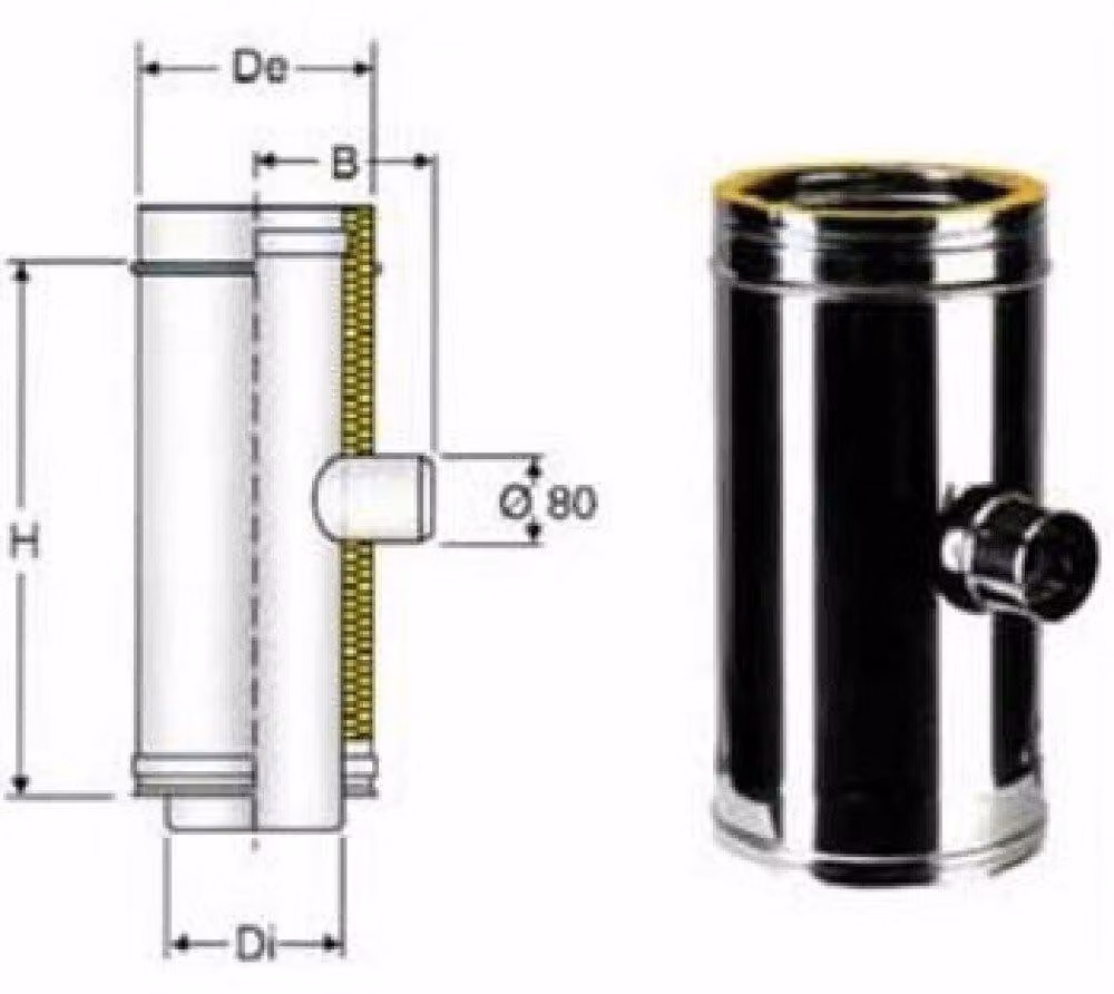 inox doppia parete aisi 316 raccordo a t 90 ridotto diam. 80/130