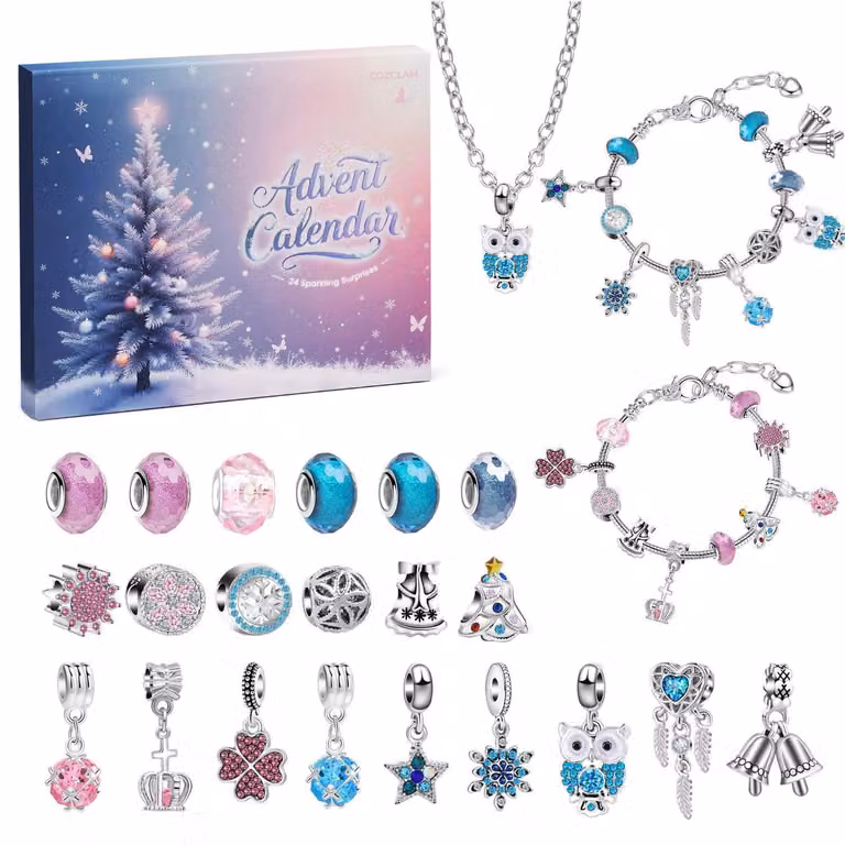 Calendario dell'Avvento con gioielli per il 2026: 24 giorni, colori rosa e blu, con braccialetti, collane, ciondoli e charms