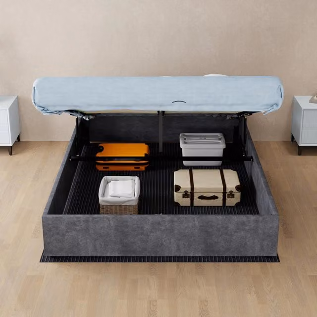 Letto a piattaforma 140 × 200 cm in tessuto e metallo grigio con struttura a supporti multipli