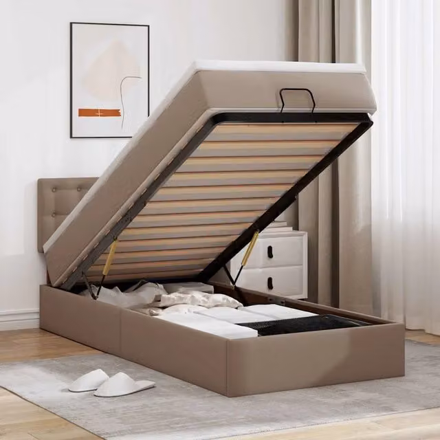 Letto con Pouf e Materasso vidaXL in Similpelle Beige e Bianco con Base a Sollevamento, Illuminazione Sotto il Letto e Porte USB, L/P/H: 100 x 200 x 88 cm