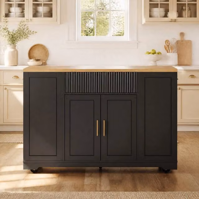 Isola da cucina ULEVR 120x50x92 cm con 2 ante, 3 cassetti, vano portabidoni e 5 ruote, nero