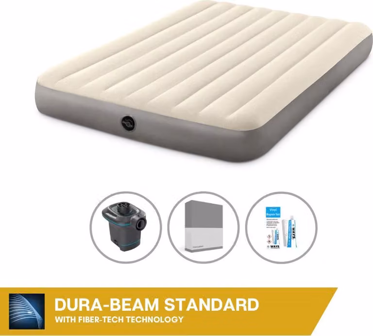 Lettino gonfiabile Intex - 2 persone - 152 x 203 x 25 cm - Beige + pompa elettrica Intex - 650 litri/min + lenzuolo di ricambio antracite + kit di riparazione