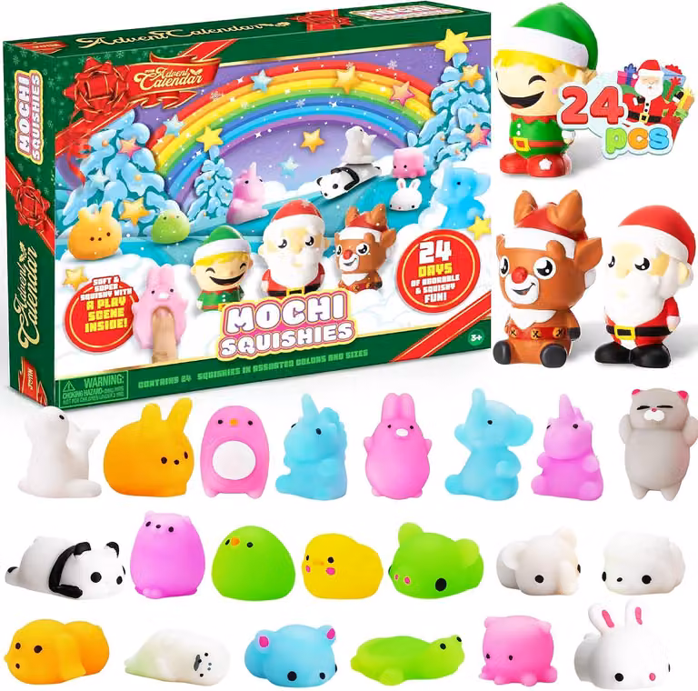 Calendario dell'Avvento a forma di mochi morbidi, edizione natalizia - 24 giorni - Calendario dell'Avvento per contare i giorni con 21 adorabili peluche mochi