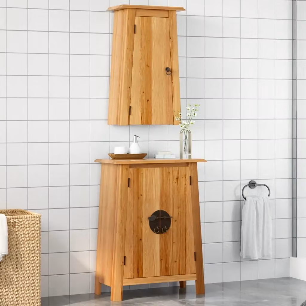Set Mobili da Bagno Vintage in Legno di Pino Marrone con Armadio a Parete e Mobile Laterale – 2
