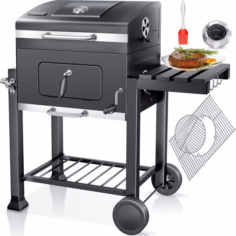 KESSER® Grill Carrello per barbecue XXL Barbecue a carbonella con coperchio, ruote, maniglia in acciaio inox, griglia e termometro Barbecue a carbonella Carrello grande Barbecue a carbonella Barbecue da campeggio, terrazza, giardino