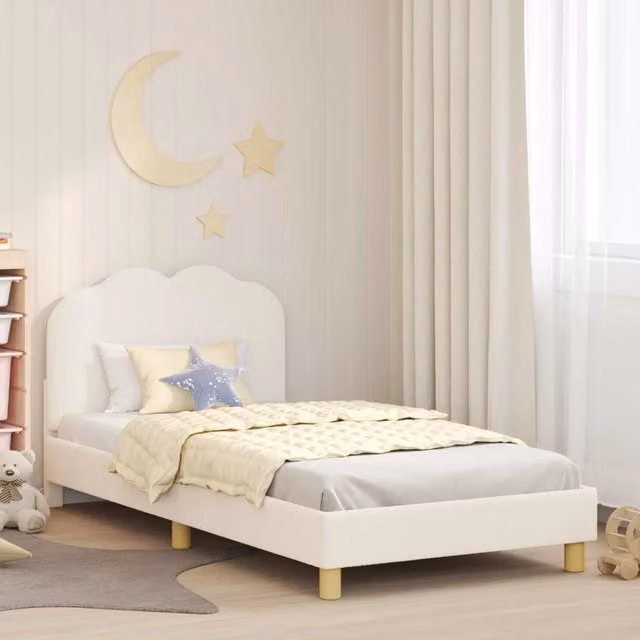 Struttura letto per bambini con testata e giroletto in tessuto bouclé color beige, L 80 cm x P 200 cm